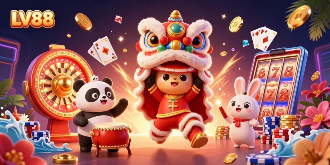 Experience thrilling gambling at LV88 with vibrant casino characters and dynamic game elements.
