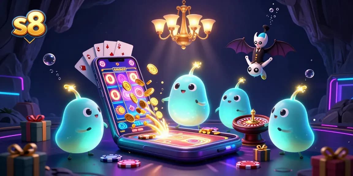 S8 casino illustration showcasing glowworms and a bat dealer in a vibrant underwater-themed environment.