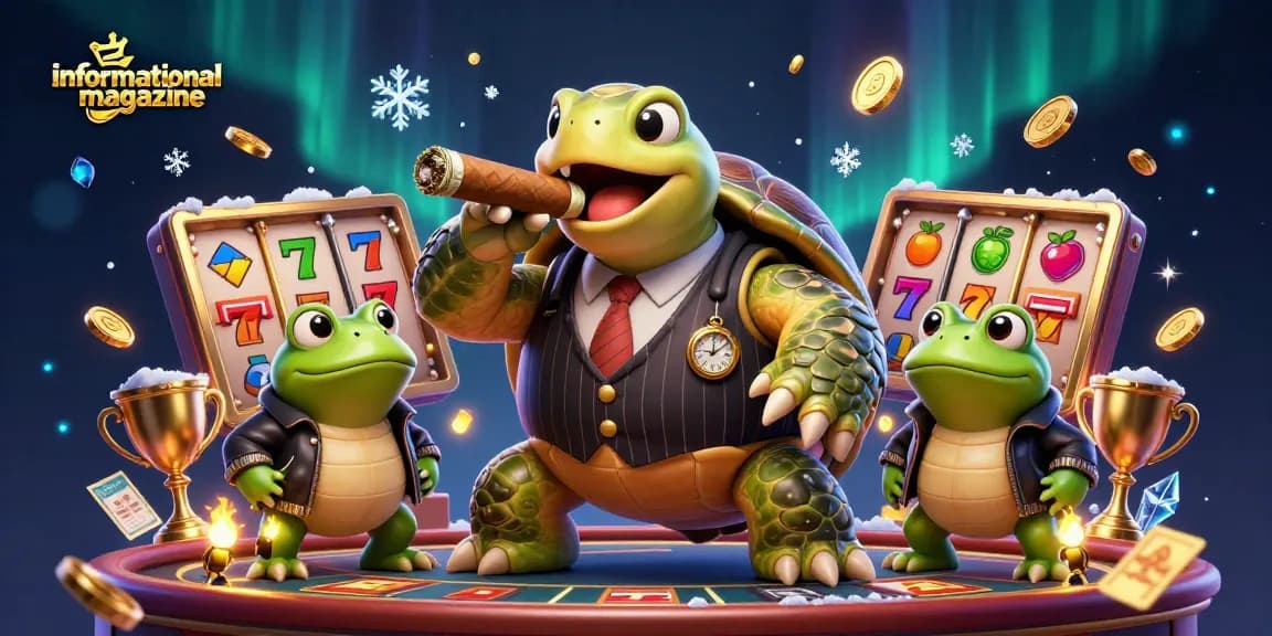 Engage with the energetic vibe of our informational magazine, featuring a flashy casino scene with a snapping turtle and frog enforcers.