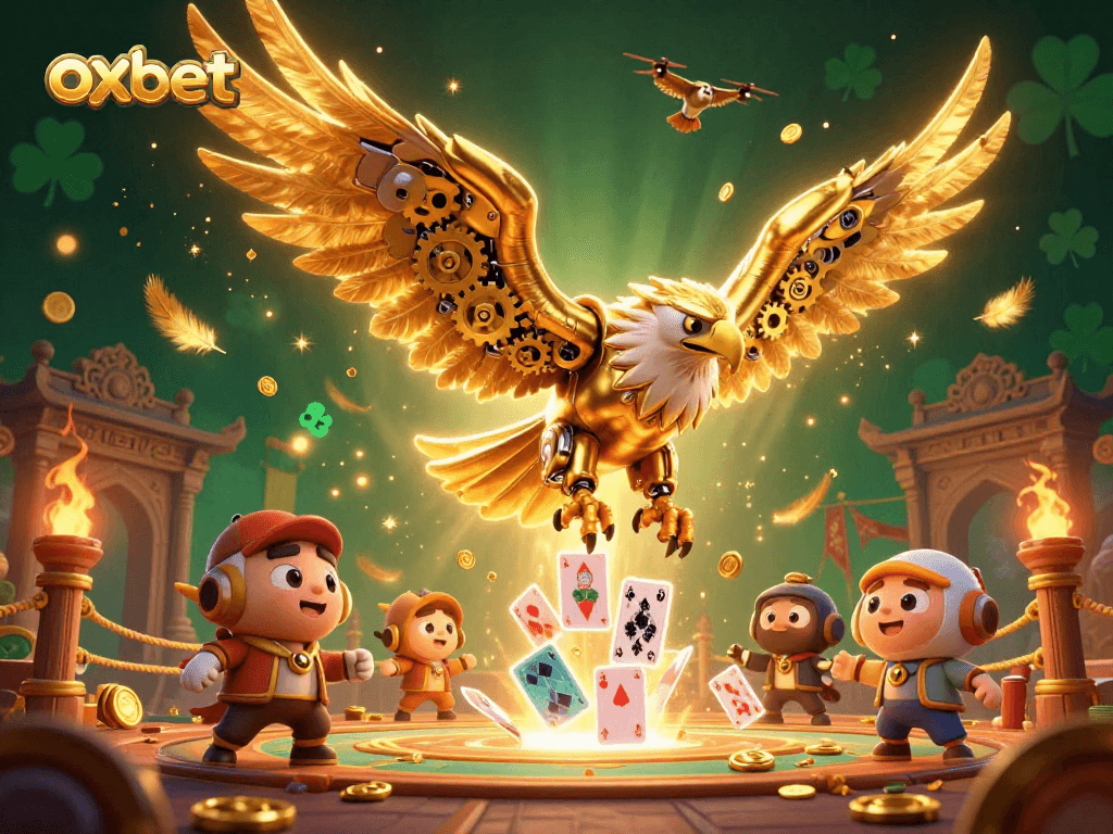 Experience thrilling action with oxbet in a vibrant 3D casino scene featuring cybernetic characters.