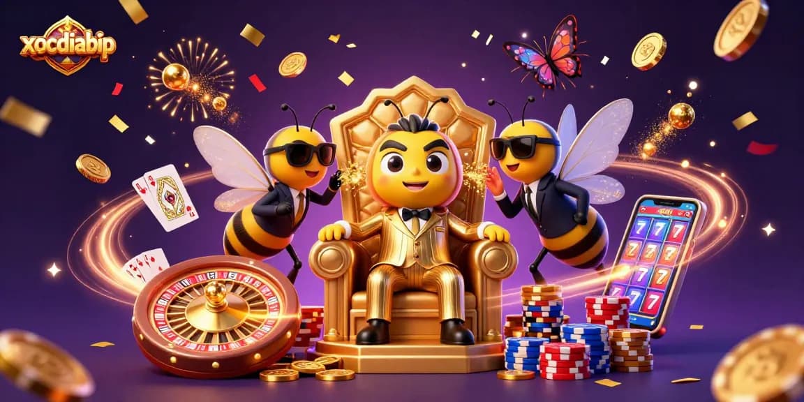xocdiabip showcases a dynamic scene of a cartoon bumblebee mob boss with wasp bodyguards amidst sparkling casino elements.