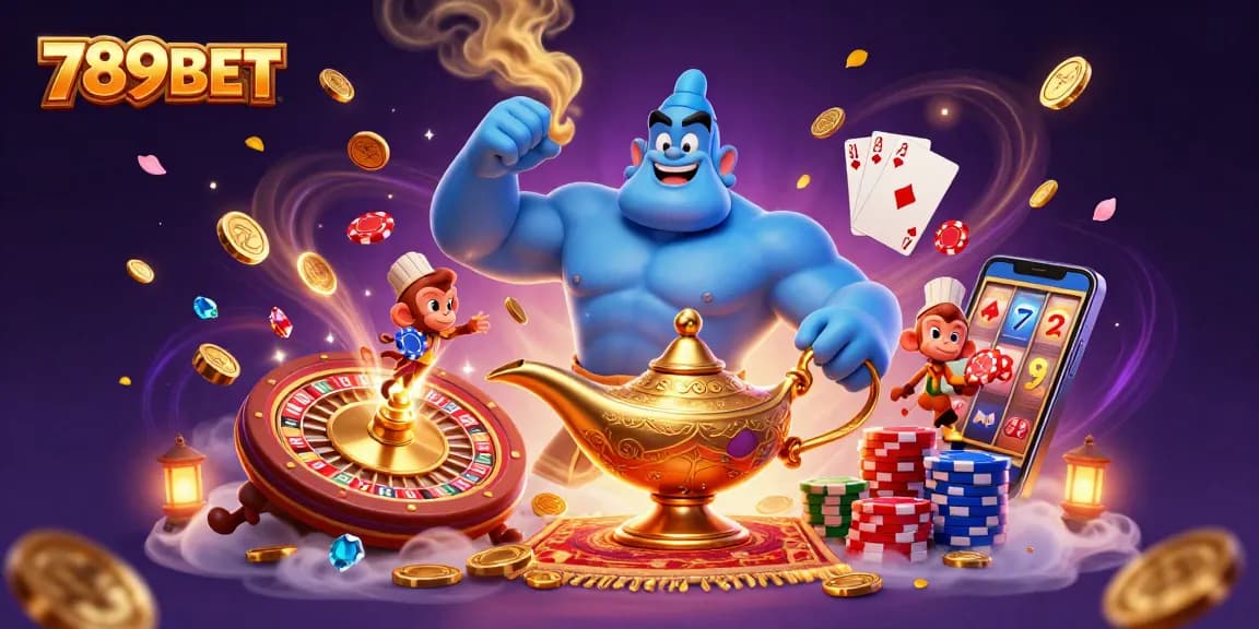 Engage in thrilling gameplay with 789BET at a vibrant online casino featuring a genie and poker chips.