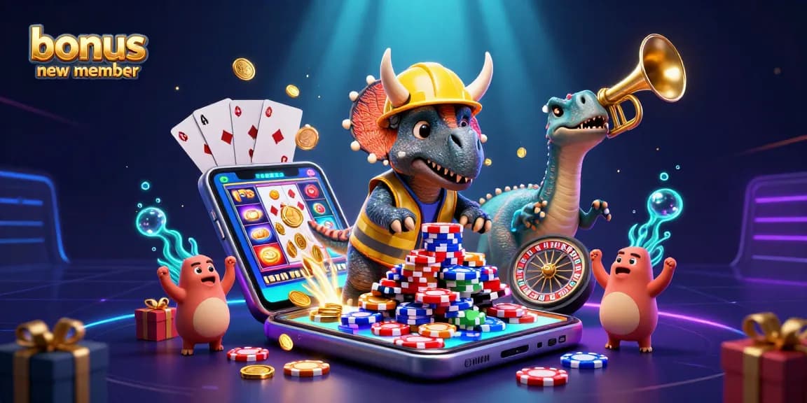 Permainan judi dengan bonus anggota baru yang mengasyikkan, triceratops dan teman merayakan kemenangan.