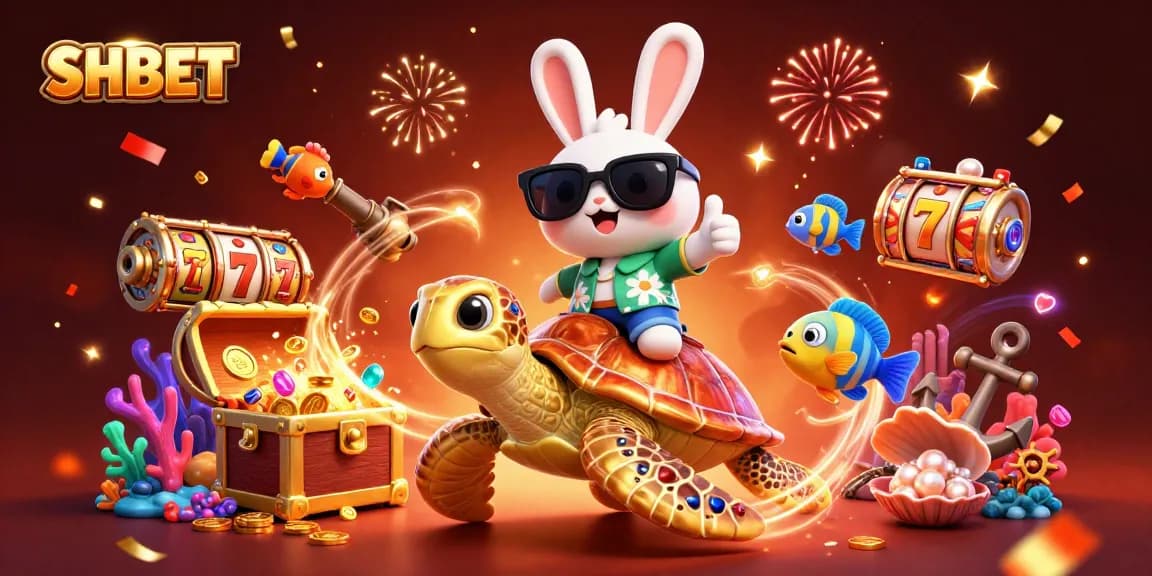 Experience SHBET's vibrant gaming world with a cartoon rabbit, sea turtle, and lively slot elements.