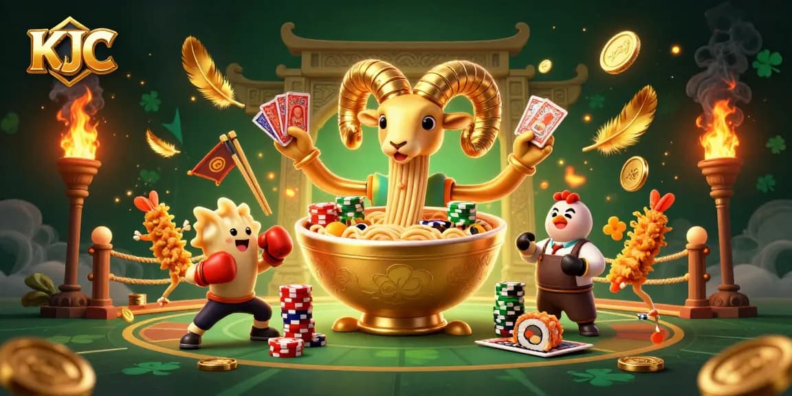 KJC's vibrant online casino scene showcasing a giant ramen bowl dealer, engaging players with dynamic elements.