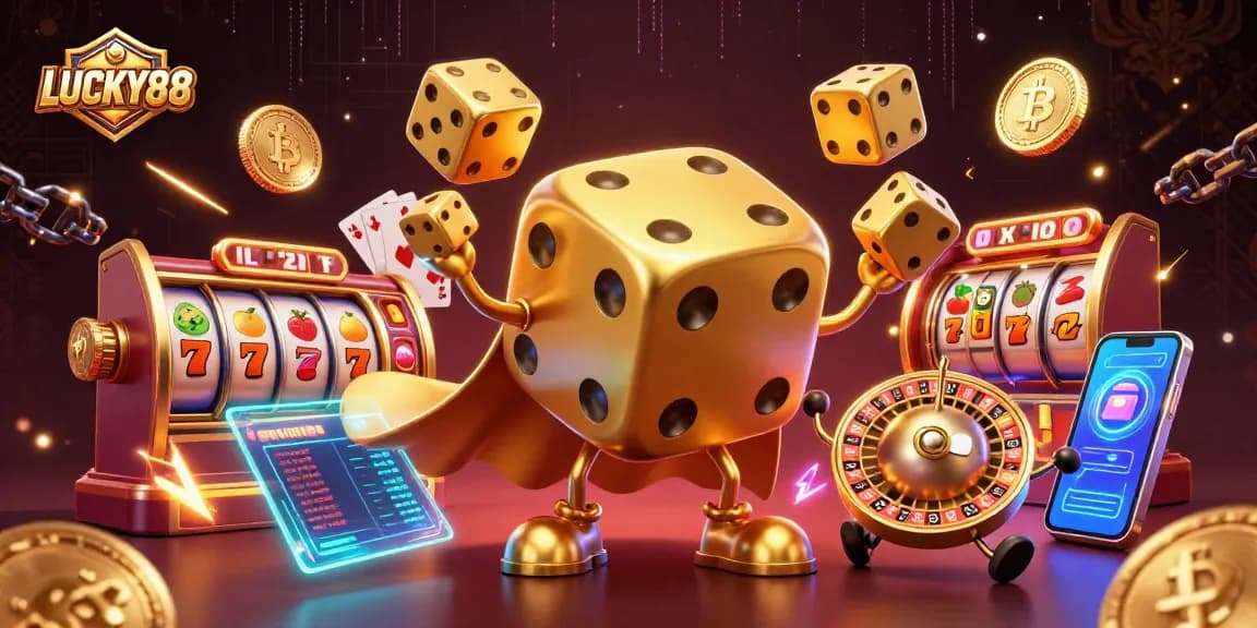 Spin to win with LUCKY88, a vibrant illustration of a dice golem and casino elements.