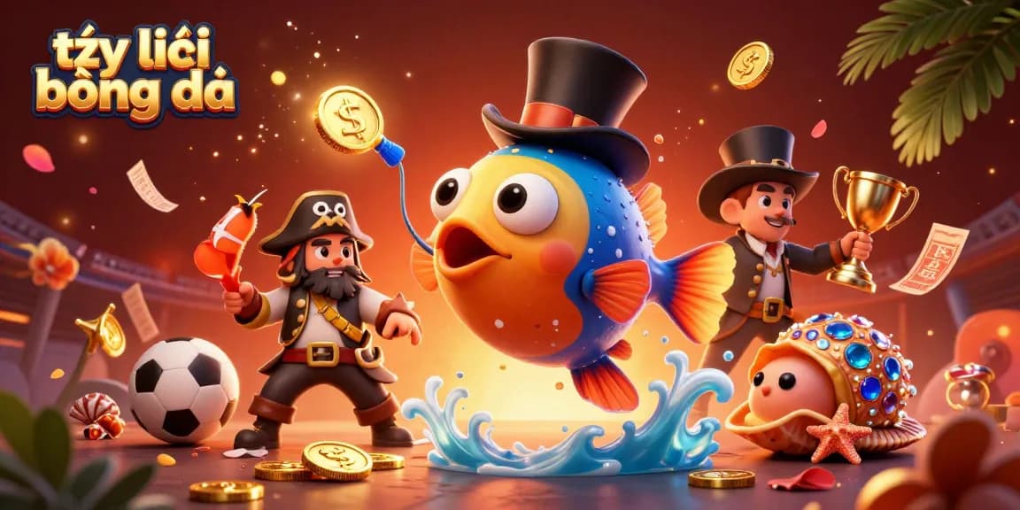 Bet on tỷ lệ bóng đá with a dazzling scene featuring a 3D anglerfish and treasure, set in a vibrant gambling atmosphere.