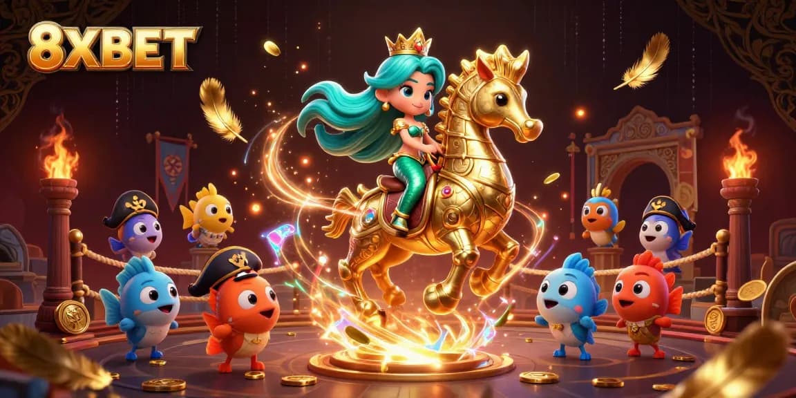 Experience the vibrant world of 8XBET with a mermaid and seahorse in a dynamic casino scene.