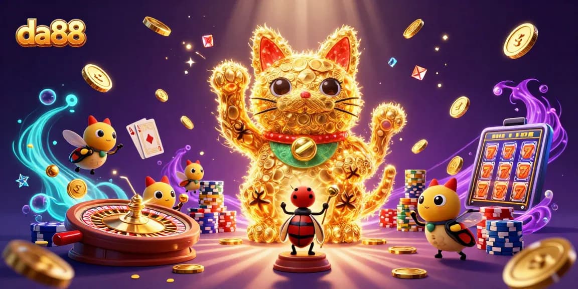 Experience da88's vibrant gaming atmosphere with golden fireflies, lucky cat, and casino symbols.