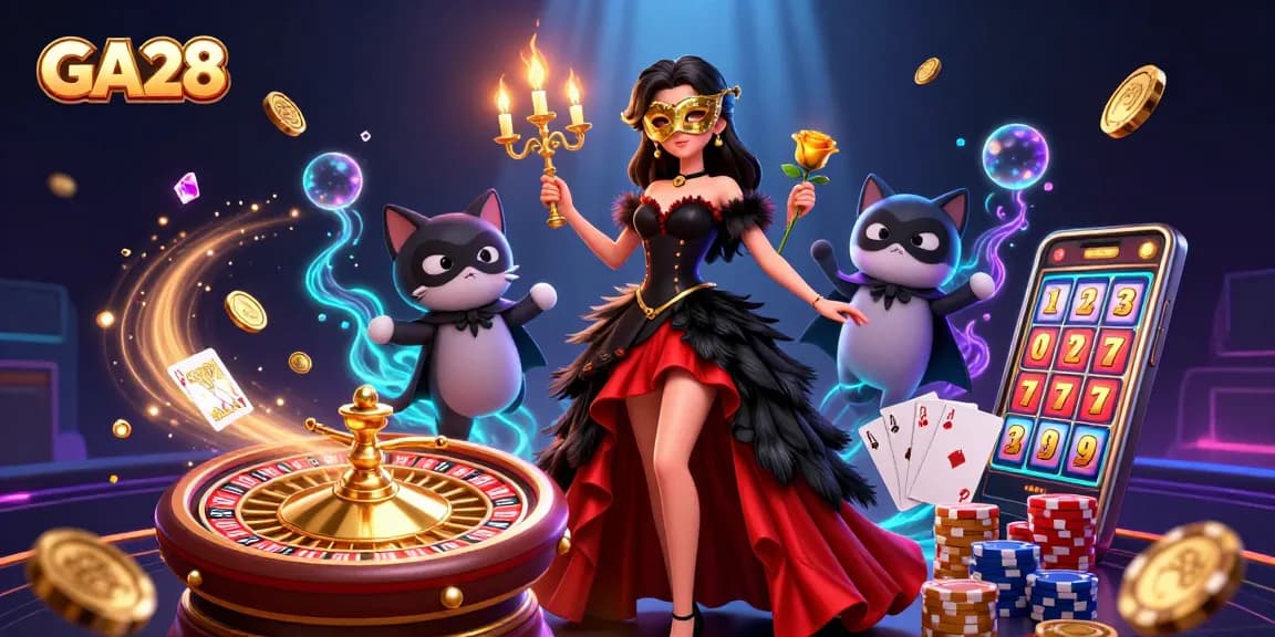 Spin and win with GA28 casino games featuring vibrant characters and golden treasures.