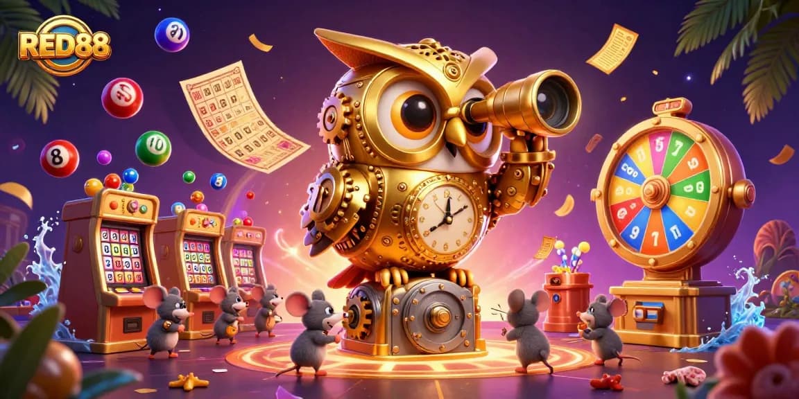 RED88 engages players with a colorful, dynamic casino scene featuring lottery elements and a golden owl.