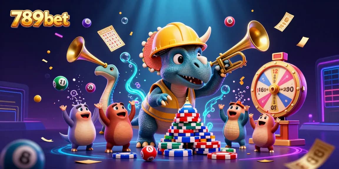 Cheerfully building excitement at 789 bet with playful dinosaurs celebrating a big win, surrounded by colorful gaming elements.