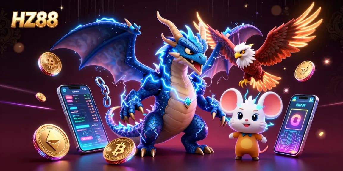 Experience thrilling action with HZ88's vibrant 3D casino characters amidst glowing crypto elements.