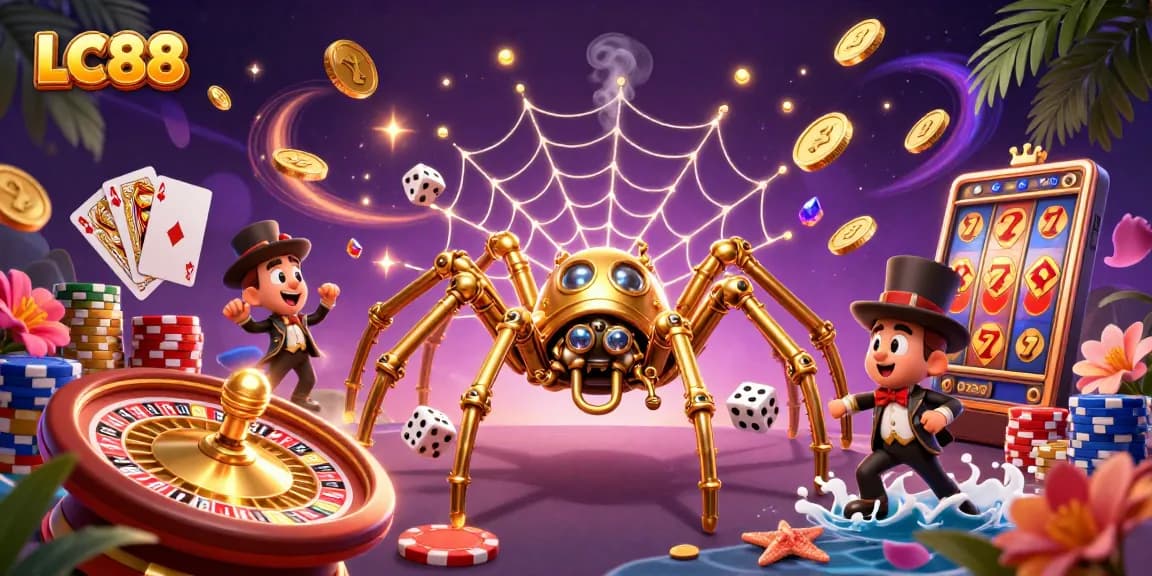 LC88 captivates players with a vibrant illustration of a steampunk spider amidst dazzling casino elements.