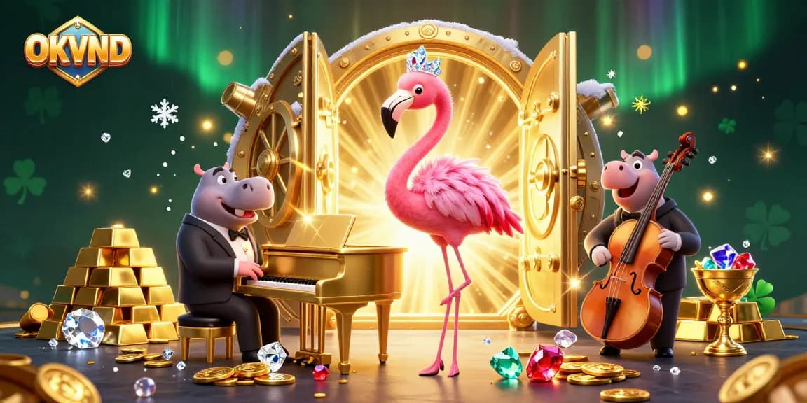 Engage with OKVND's vibrant casino scene featuring lively characters and sparkling treasures.