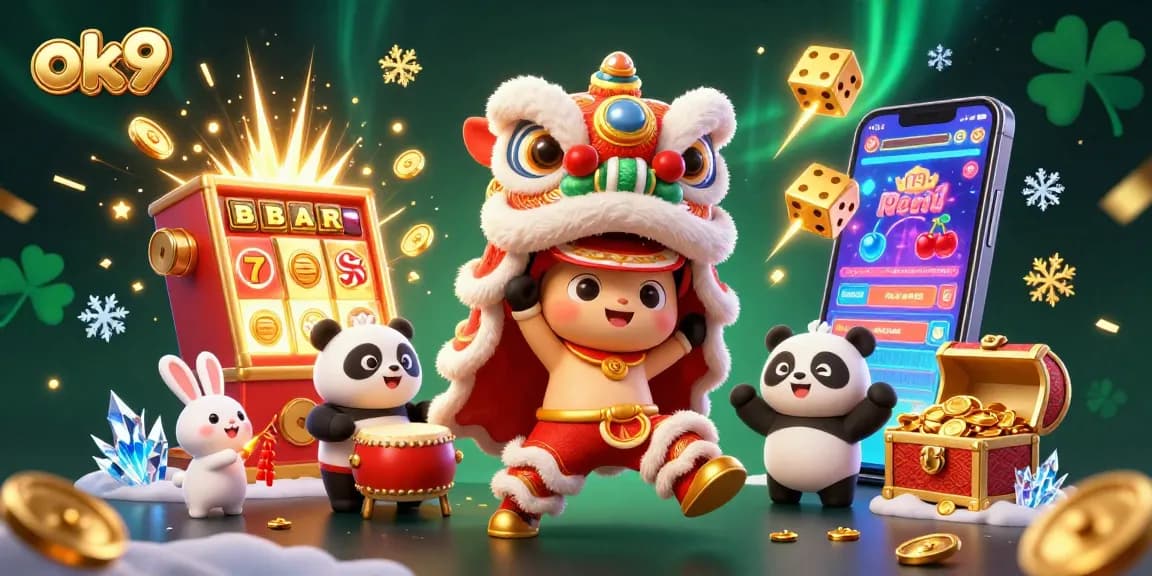 Engage in vibrant fun at ok9 with exhilarating slot machines and colorful characters in a dynamic casino scene