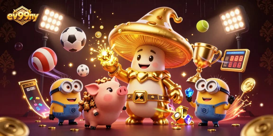 Experience winning magic at ev99ny, where a golden wizard and treasure pig unveil exciting casino games.