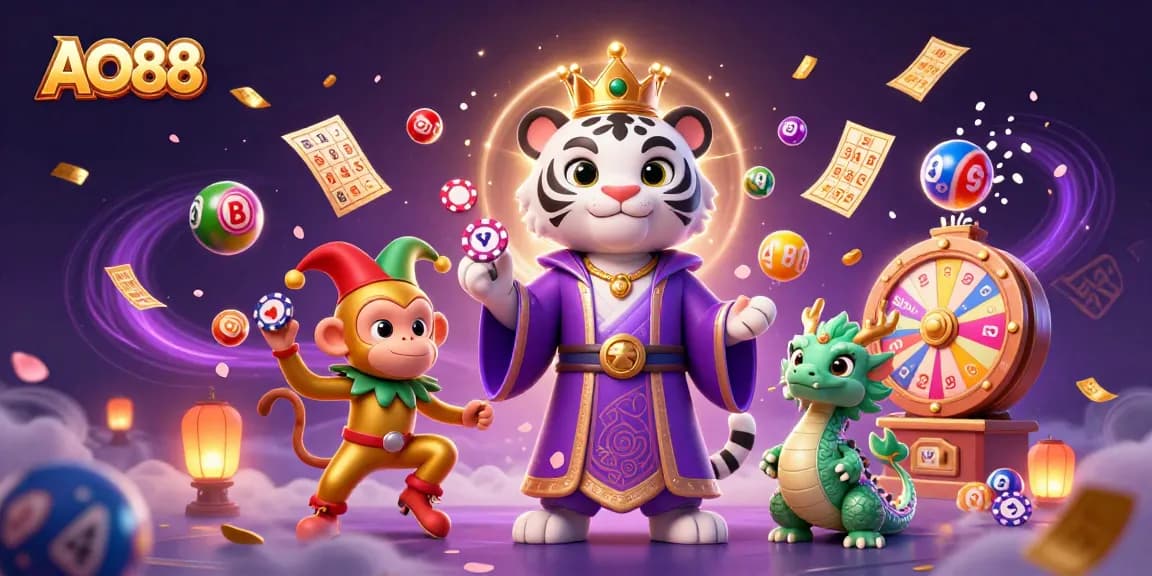 Engage with the vibrant AO88 casino scene featuring a royal tiger, jester monkey, and jade dragon.
