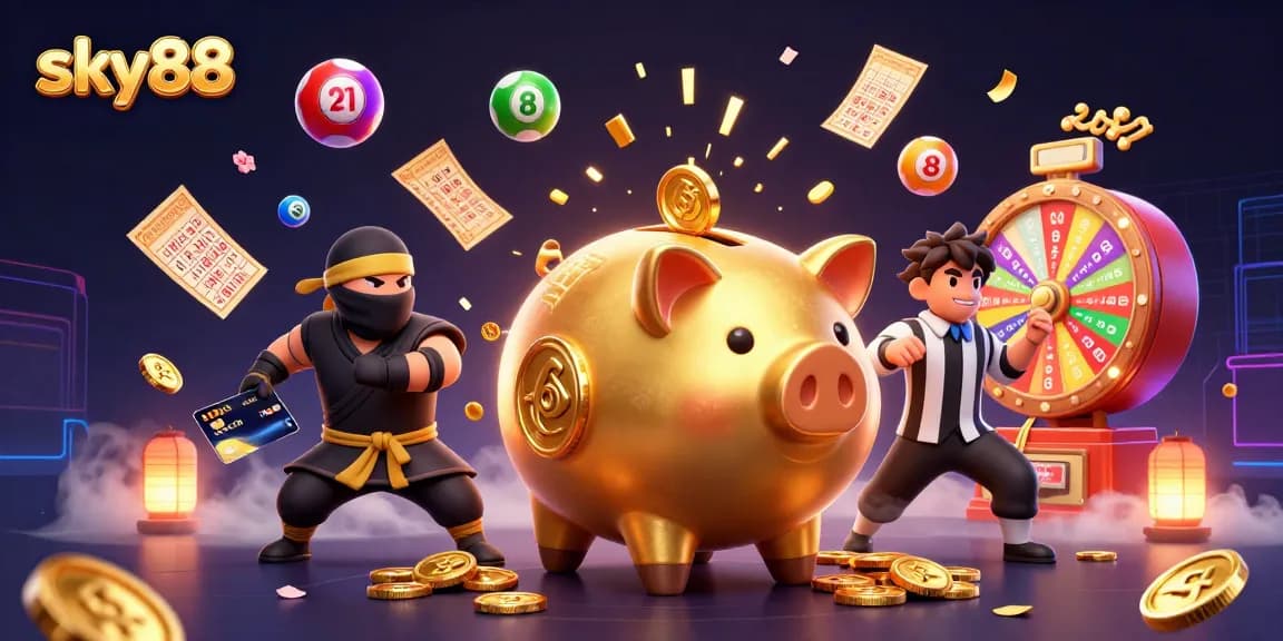 sky88 carnival scene with golden piggy bank wrestler and wallet ninja showing vibrant lottery excitement