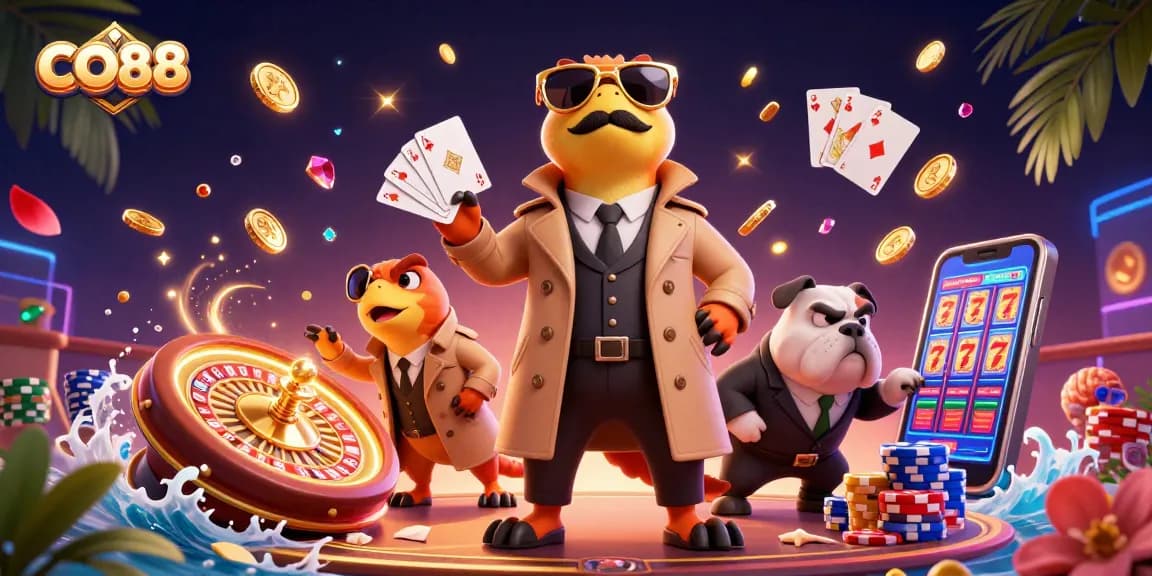 Experience CO88 winning moments with 3D cartoon raptors in a casino scene filled with fun gaming elements.