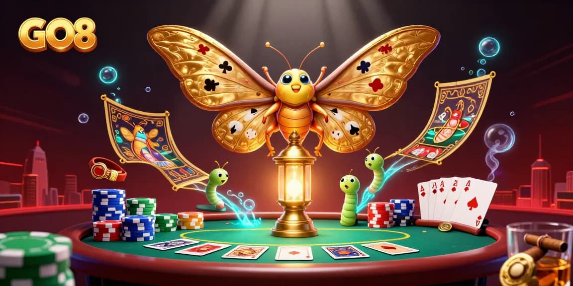 Engage with GO8's vibrant casino world featuring golden-winged moths and poker elements.