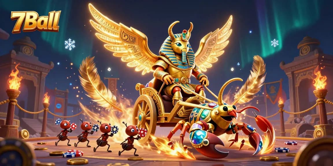Experience vibrant action in 7Ball's epic casino scene with golden elements and dynamic gaming characters.