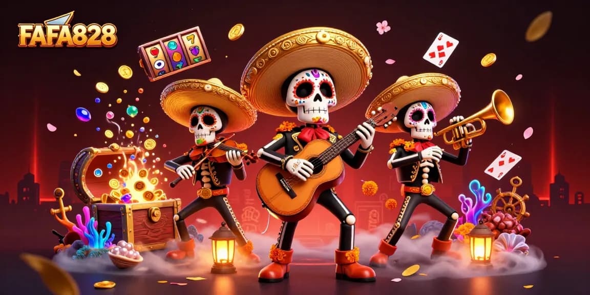 Experience winning strategies with FAFA828 in a vibrant casino-themed illustration.