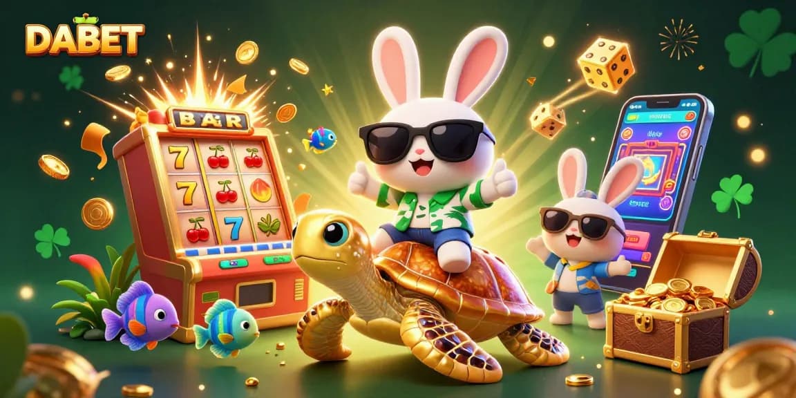 DABET casino game illustration with a lucky rabbit, golden turtle, and dynamic slot machine action.