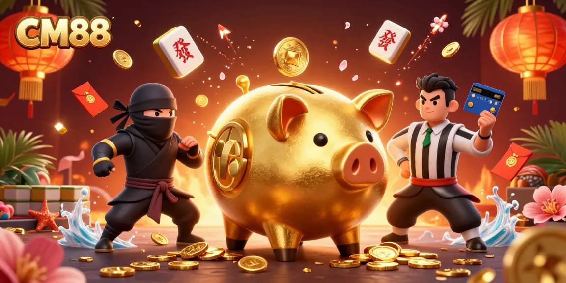 Engaging CM88 illustration showcasing a golden piggy bank wrestler shaking loose coins in a vibrant casino scene.