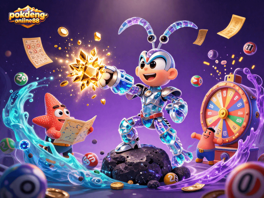 Experience the thrilling action of pokdeng-online88 with dynamic characters and colorful lottery elements in a captivating scene.