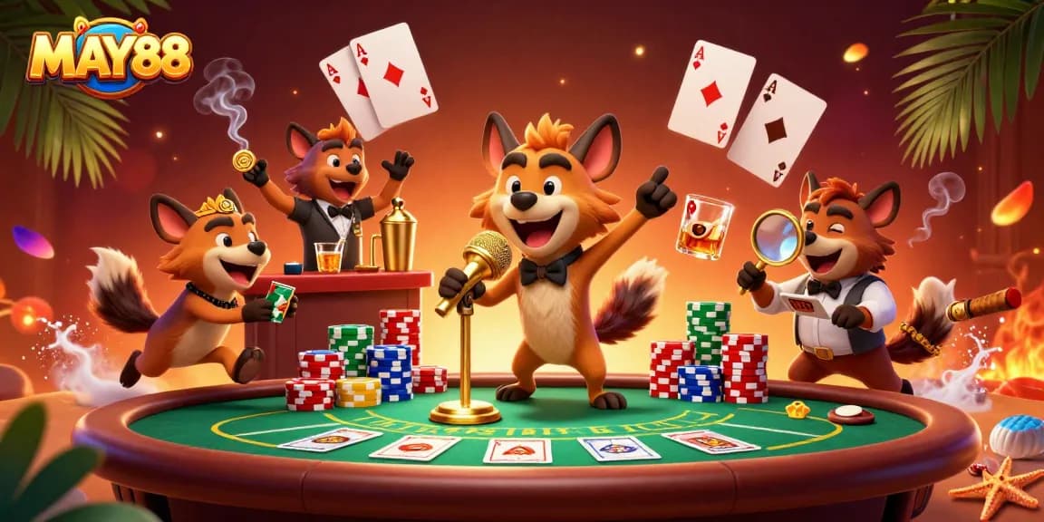 MAY88 hyenas perform comedy in a lively casino scene with poker elements and vibrant colors.