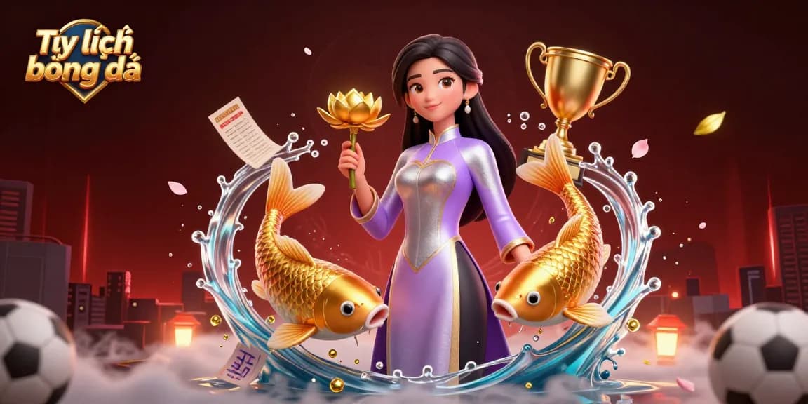 Tỷ lệ bóng đá illustrated with an Asian woman holding a lotus flower and sports betting elements.