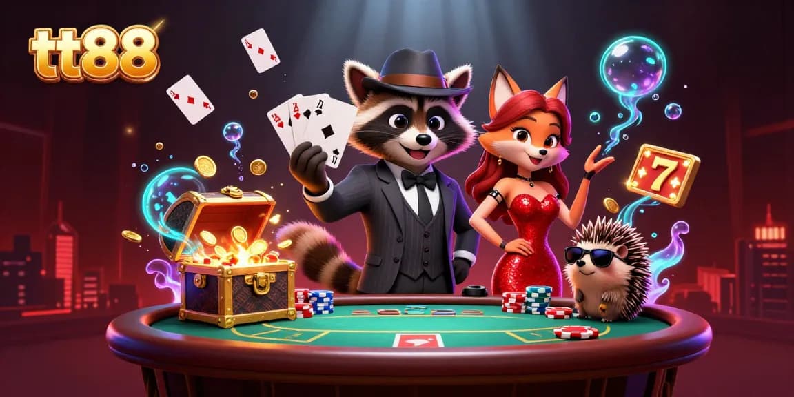 Engage with TT88’s thrilling casino experience as raccoon, fox, and hedgehog play poker and revel amidst gold coins.