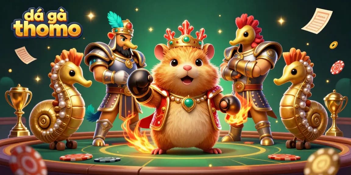Witness the intense action of đá gà thomo with a golden hamster king at a royal arena, surrounded by royal guards, showcasing the thrill of cockfighting.