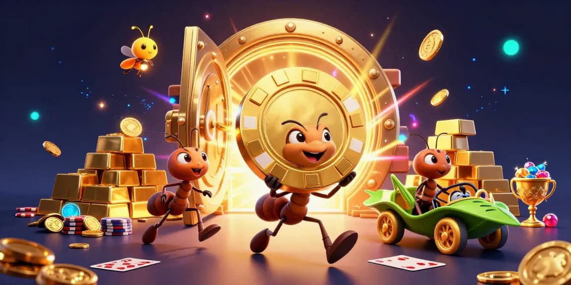 TK88 captures the excitement of a heist with ants carrying a massive golden poker chip in a vibrant casino.