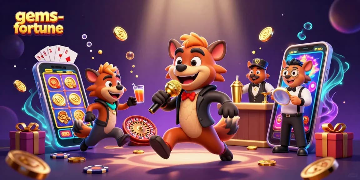 Engage with gems-fortune and enjoy a lively casino scene featuring hyenas and exciting gaming action.