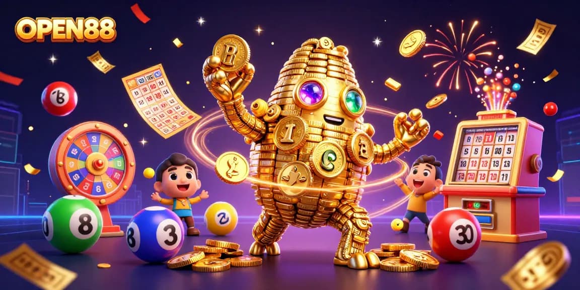 Play exciting games at OPEN88 with a vibrant 3D illustration of a golden golem and lottery elements.