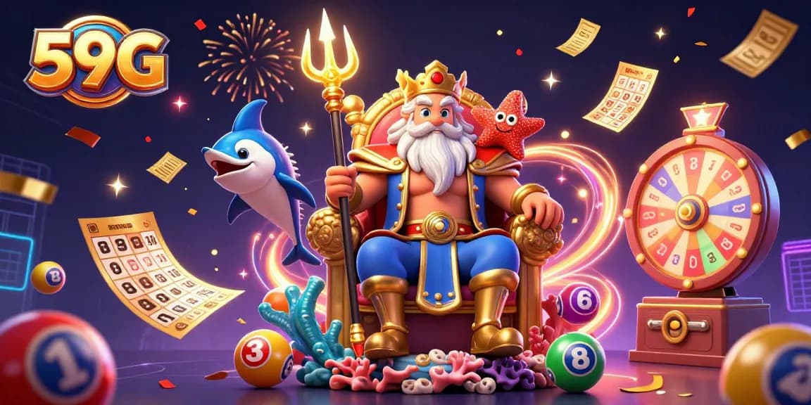 Experience thrilling game action with 59G, featuring sea king Neptune and colorful lottery elements.