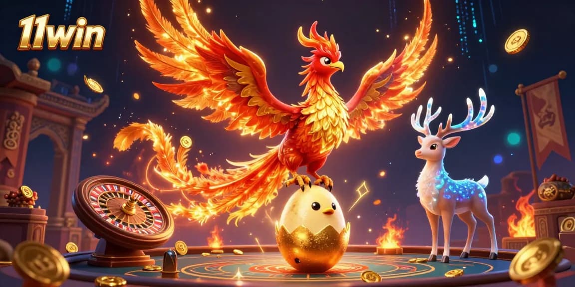 Engage with 11win in a vibrant casino scene featuring a blazing phoenix and golden elements.