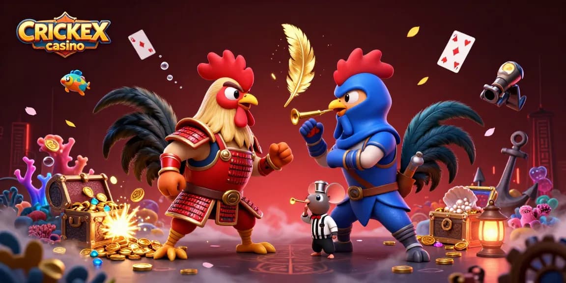 Experience the excitement of CRICKEX casino with a dynamic scene of twin roosters and vibrant gaming elements.