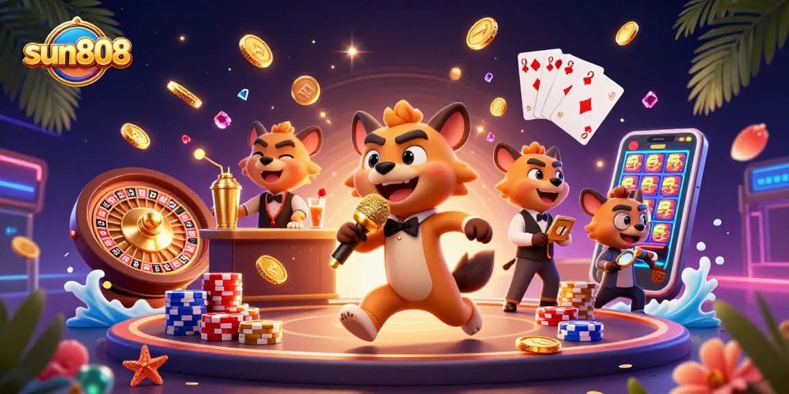 Experience the excitement of sun808 with lively hyenas engaging in casino fun, showcasing golden coins and vibrant games.
