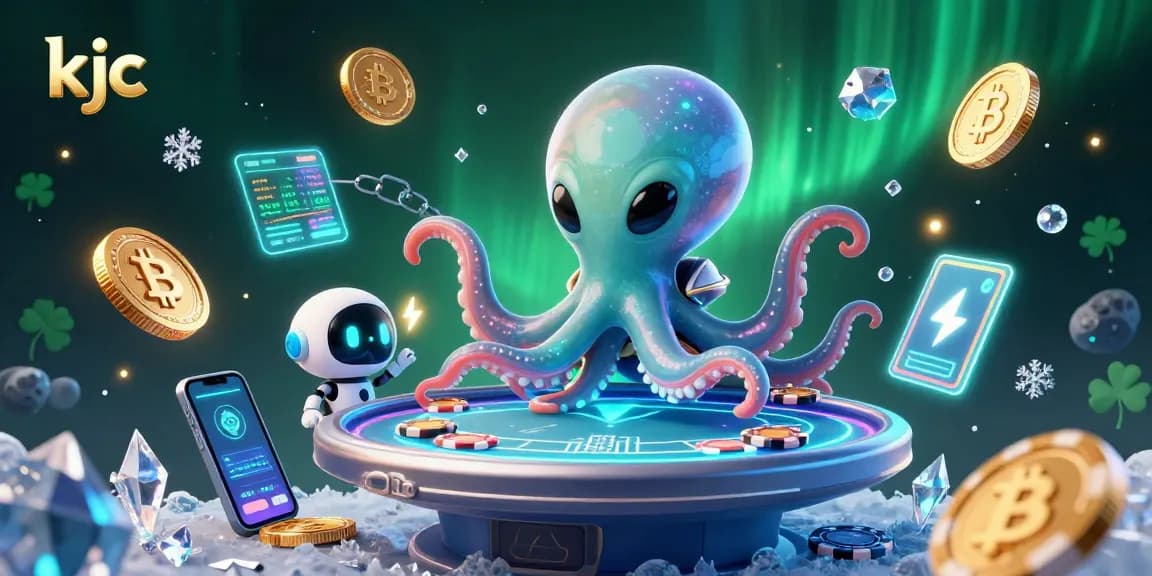 KJC gamblers engage with a vibrant alien-themed poker scene filled with crypto and casino elements.