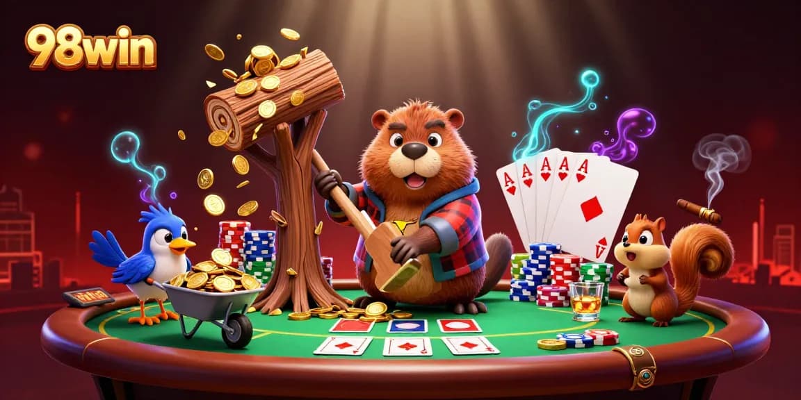 Experience the excitement of 98win with a lively scene featuring a beaver and friends amidst a poker setup pouring gold coins.
