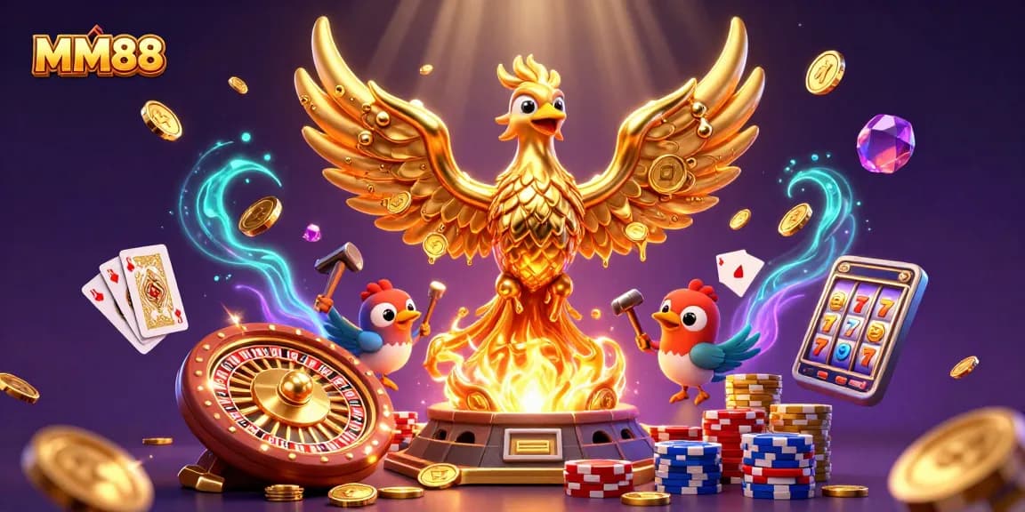 Experience the thrill of MM88 with a golden phoenix, coins, and casino excitement!