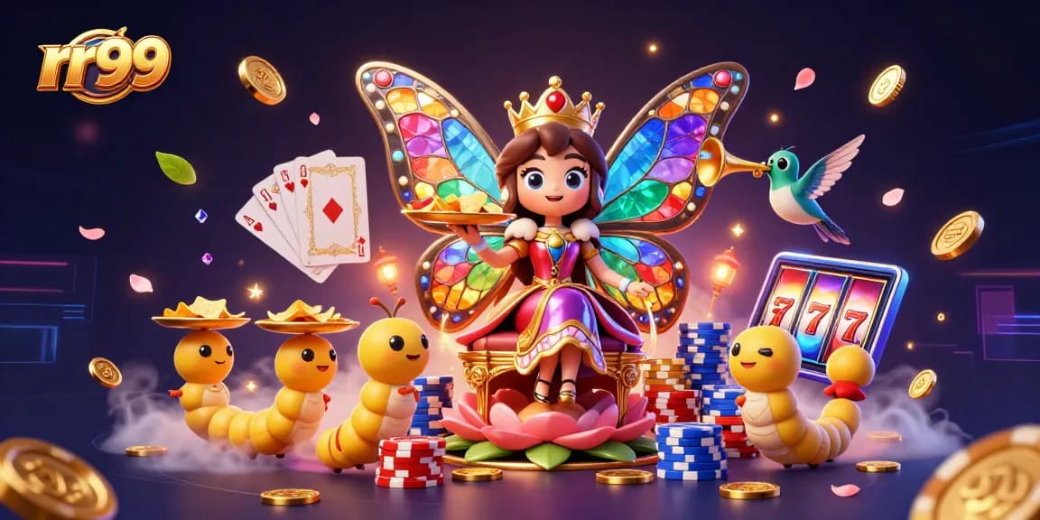 Experience rr99's vibrant casino ambiance with a butterfly queen and colorful gaming elements.