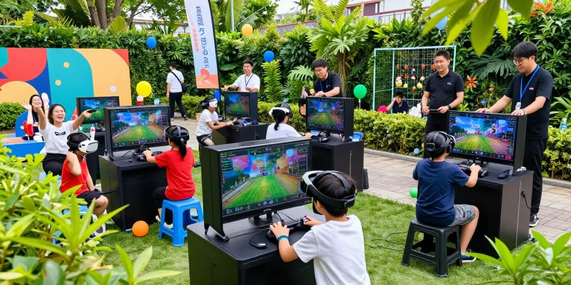 Children enjoying a video gaming party with consoles and VR in a fun outdoor setting.