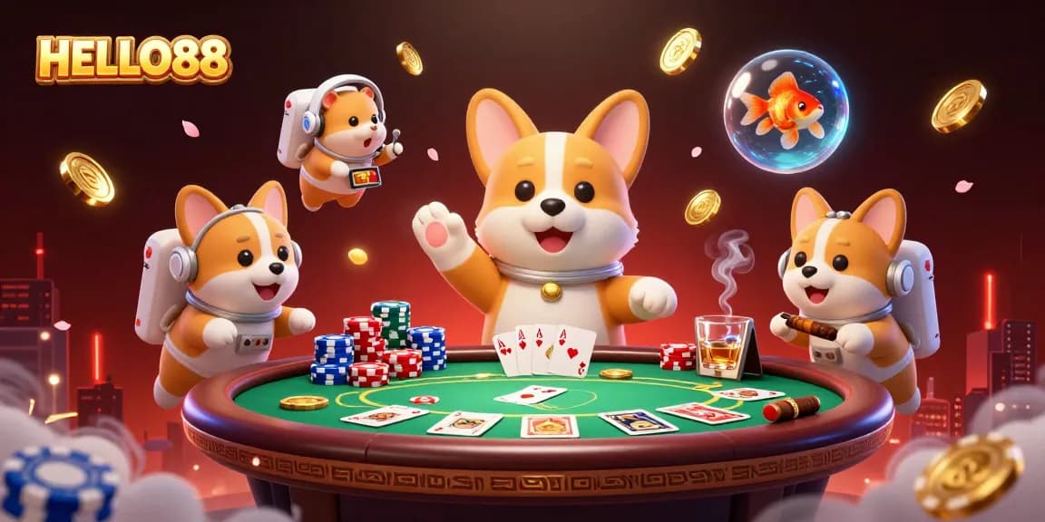 Experience the excitement of HELLO88 as corgis and coins blend in a zero-gravity casino.