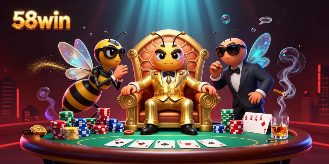 Engage with 58win as a bumblebee mob boss leads thrilling poker games in a dynamic casino scene.
