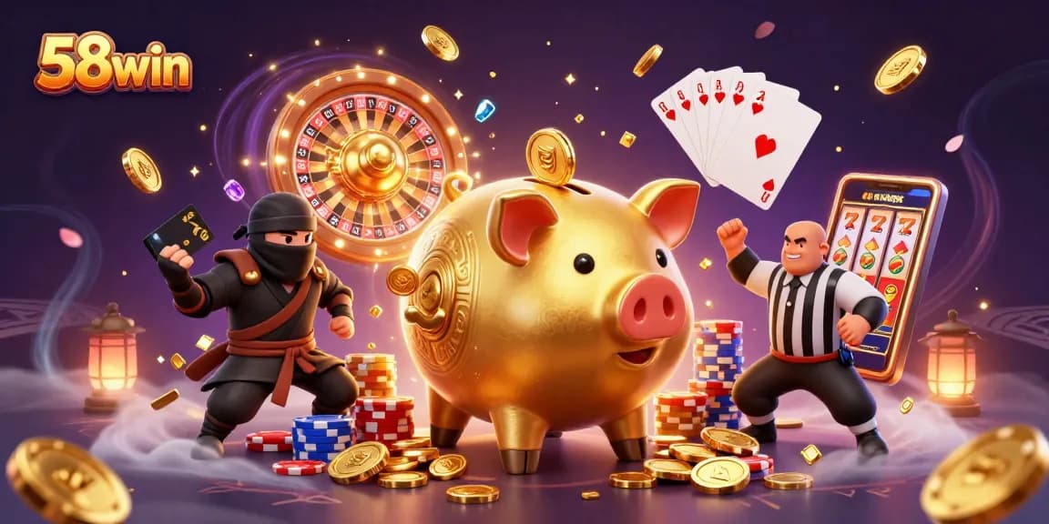 Experience the excitement of 58win with dynamic gambling characters amidst cascading coins and game elements.