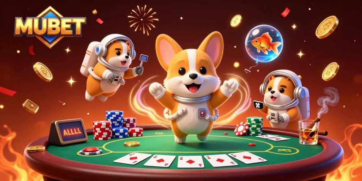 Engage with MUBET in this vibrant 3D casino scene featuring playful characters and dynamic elements.